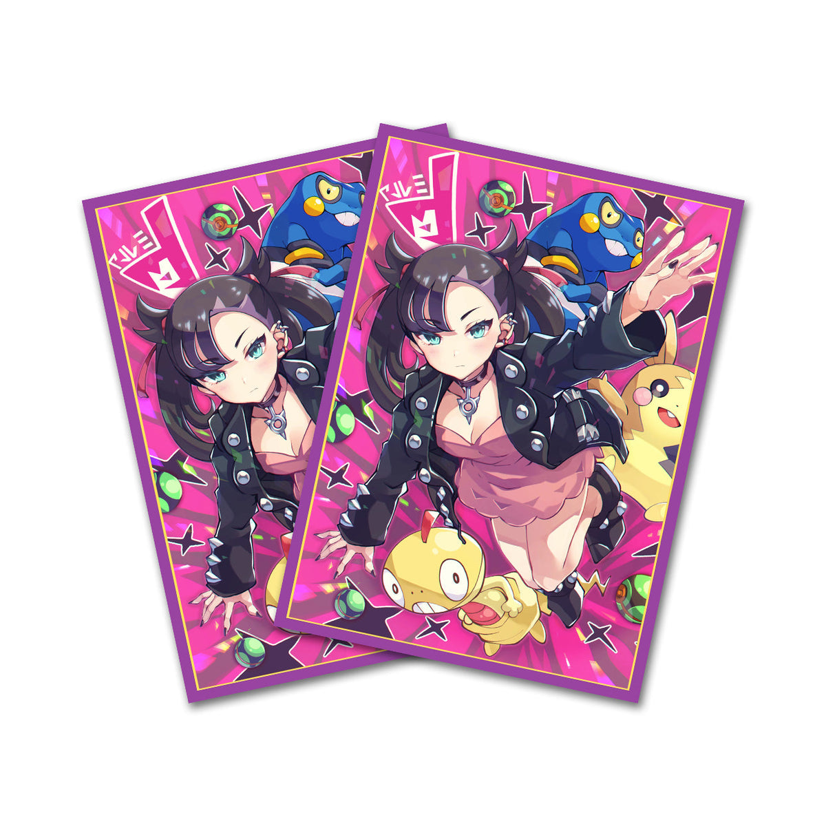 Two overlapping collectible art cards featuring an anime-style female character in a black jacket and pink dress, surrounded by colorful creatures on a bright pink background, shown on a plain white backdrop.