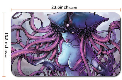 Illustrated character with purple tentacles on a product packaging with dimensions displayed.