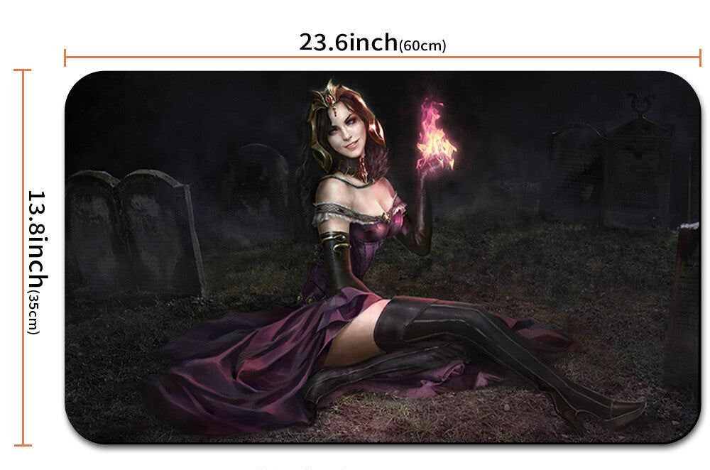 Gaming mouse pad with an illustration of a character holding a flaming torch, dimensions displayed.