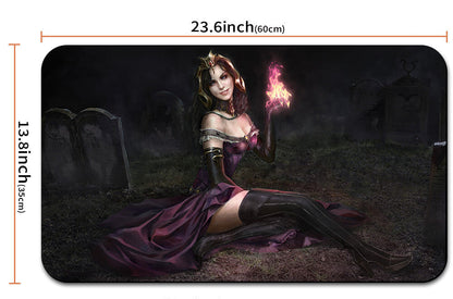 Gaming mouse pad with an illustration of a character holding a flaming torch, dimensions displayed.