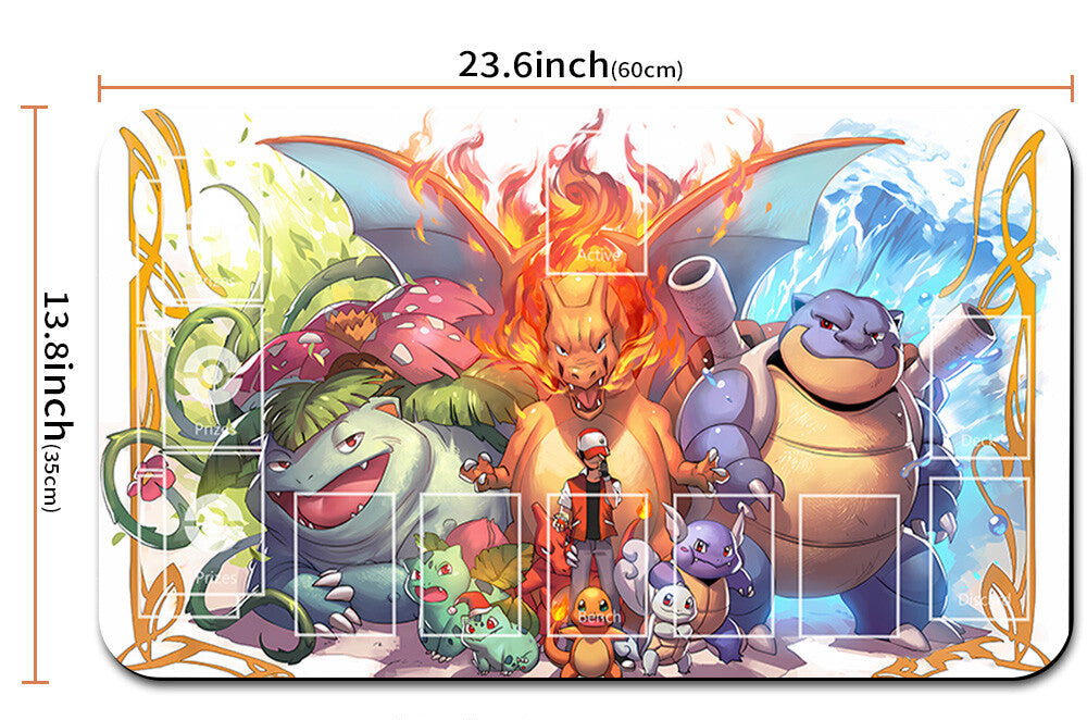 Card game mat with cartoon characters and measurements