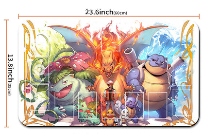 Card game mat with cartoon characters and measurements