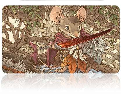 Mouse holding a sword in a forest setting with a knife above
