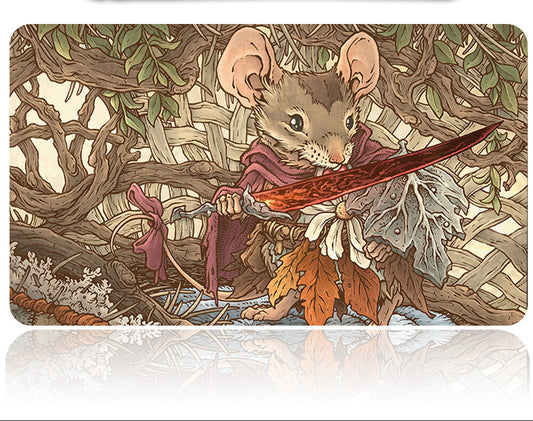 Mouse holding a sword in a forest setting with a knife above