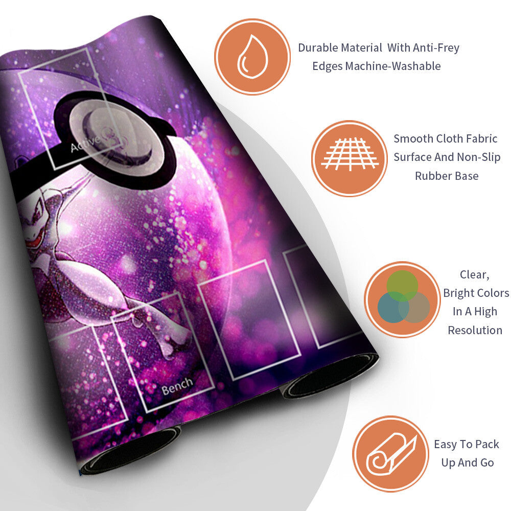 NEW Pokemon Mewtwo Playmat Stitched Edge with Card Zones Rubber Game Playmat Stitched Edge of TCG