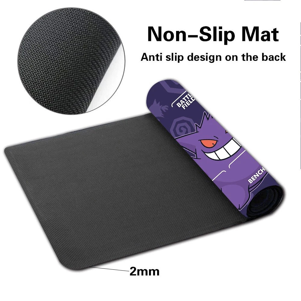 Black non-slip exercise mat with a rolled-up section showing a purple Gengar print, plus a circular inset showing the textured black fabric and text reading 'Non-Slip Mat' and '2mm'.