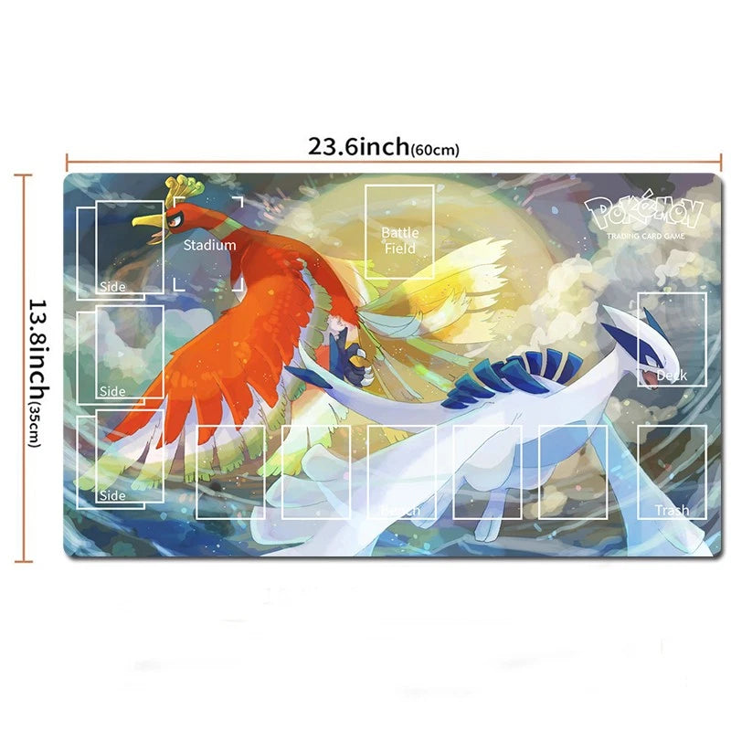 A rectangular Pokémon playmat featuring artwork of Ho-Oh and a white dragon with blue accents, shown on a white background with printed dimensions and playmat template outlines.