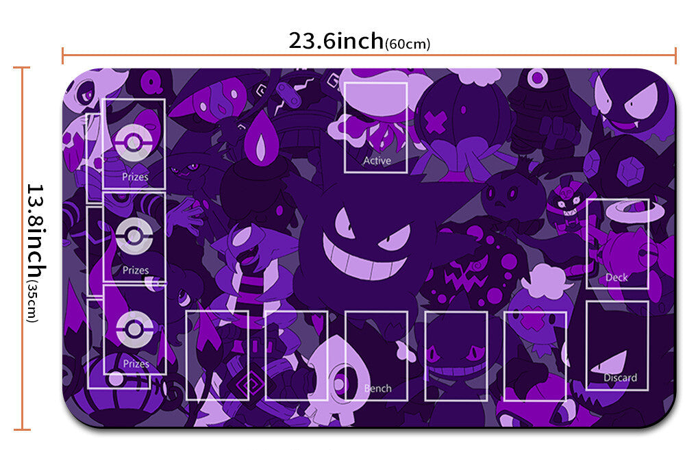 Purple card game mat with character design and measurements, including a drawstring bag.