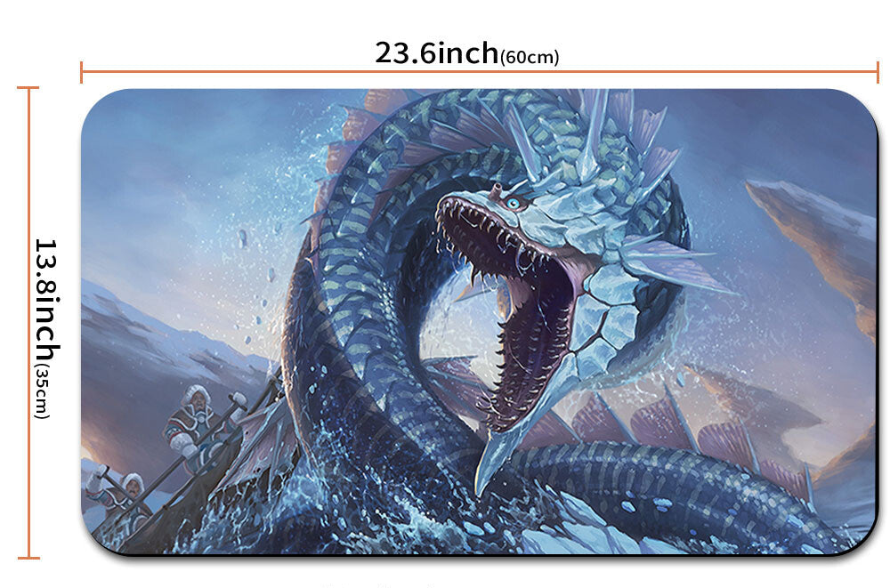 Mouse pad with a large snake design and measurements on a white background