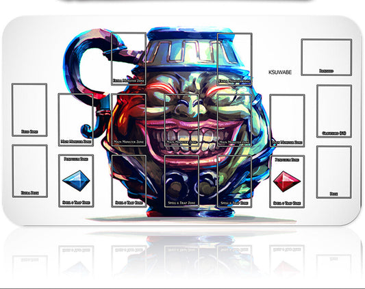 Colorful mask-like object on a white tray with various labels and a metal tool above it.