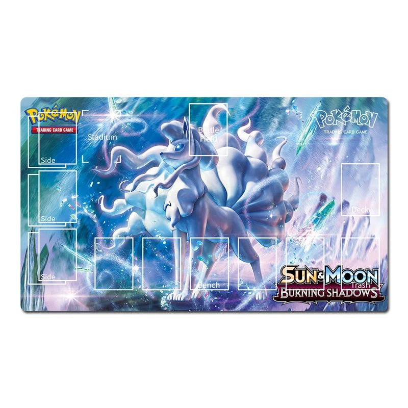 Pokémon Sun & Moon: Burning Shadows trading card game playmat featuring a large blue and white wolf-like creature illustration, with printed game area labels and Pokémon branding.