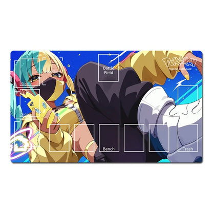 A rectangular Pokémon trading card playmat featuring an anime illustration of a character with teal and yellow hair against a blue starry background. The playmat includes printed game area labels such as Battle Field, Bench, and Trash, and a Pokémon logo in the top right.