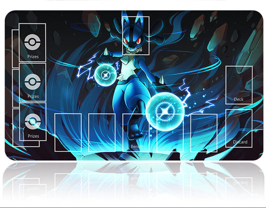 Pokémon-themed playmat with a character design on a reflective surface