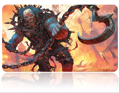 Gaming mouse pad with a fantasy warrior design and a metal tool above it on a white background