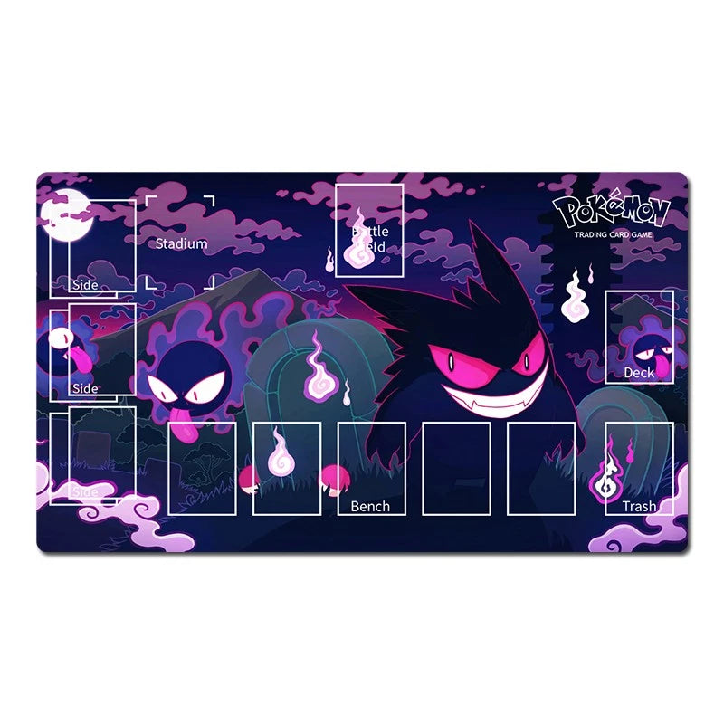 A Pokémon Trading Card Game playmat featuring Gengar with purple and pink cloud artwork, labeled sections for slide, stadium, little card, deck, bench, and trash, on a white background.