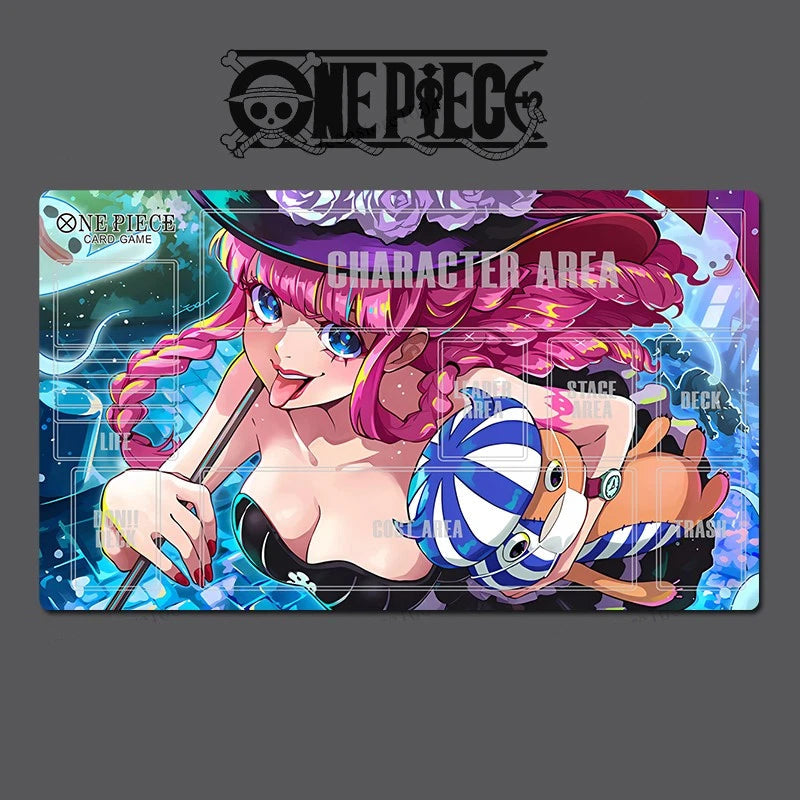 A One Piece character playmat featuring a colorful anime illustration of a pink-haired female character and a small orange creature, with the One Piece logo visible at the top on a dark gray background.
