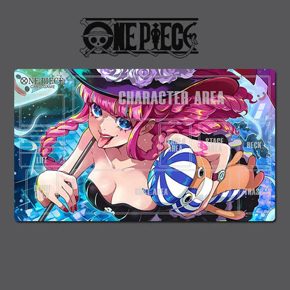 A One Piece character playmat featuring a colorful anime illustration of a pink-haired female character and a small orange creature, with the One Piece logo visible at the top on a dark gray background.