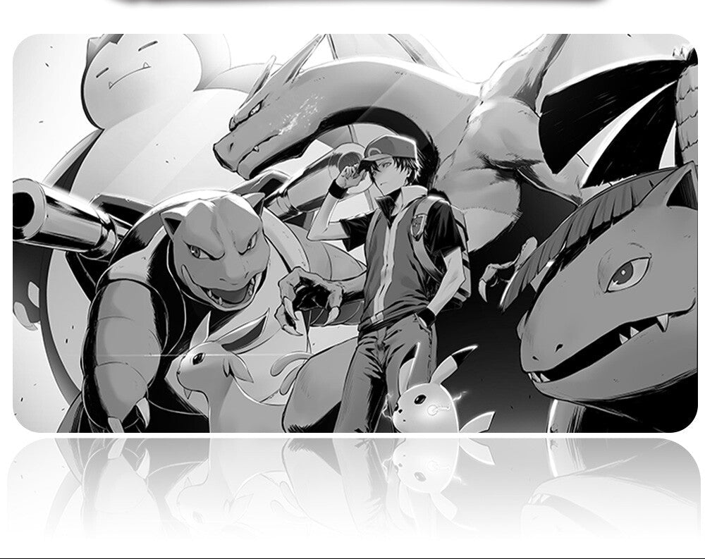 Metallic card with anime-style illustration of characters and creatures on a reflective surface.