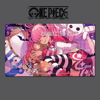 Card game mat with anime character design featuring 'One Piece' branding.
