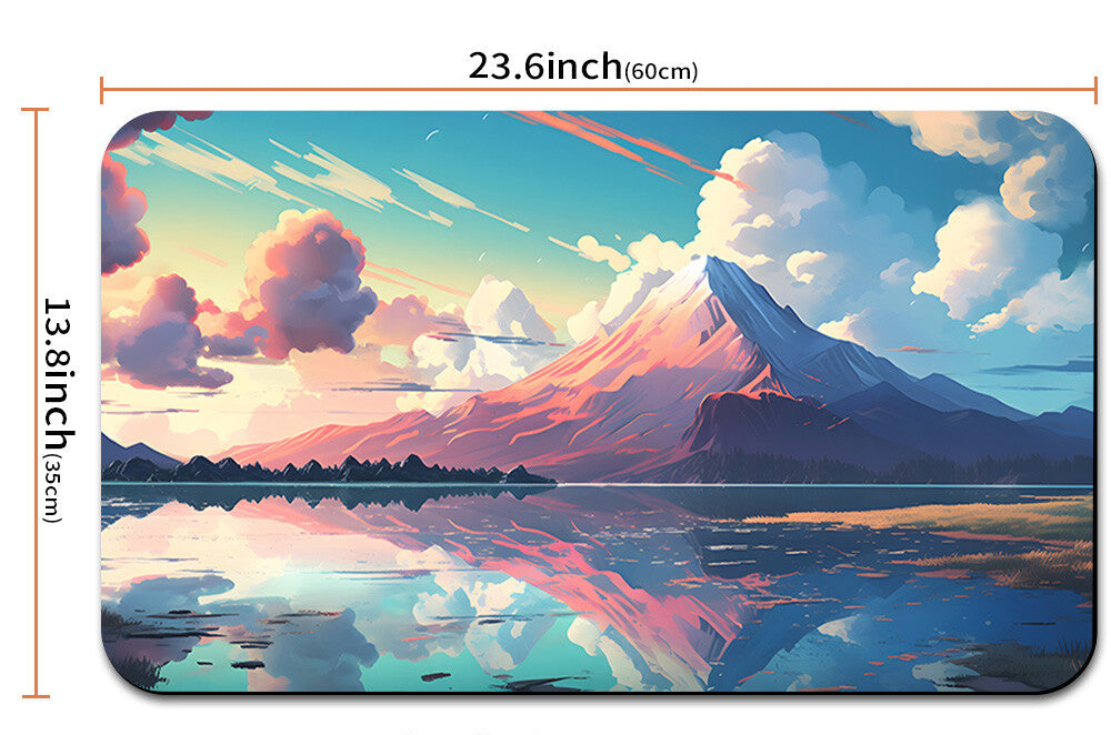 Mouse pad with mountain and lake design and measurements
