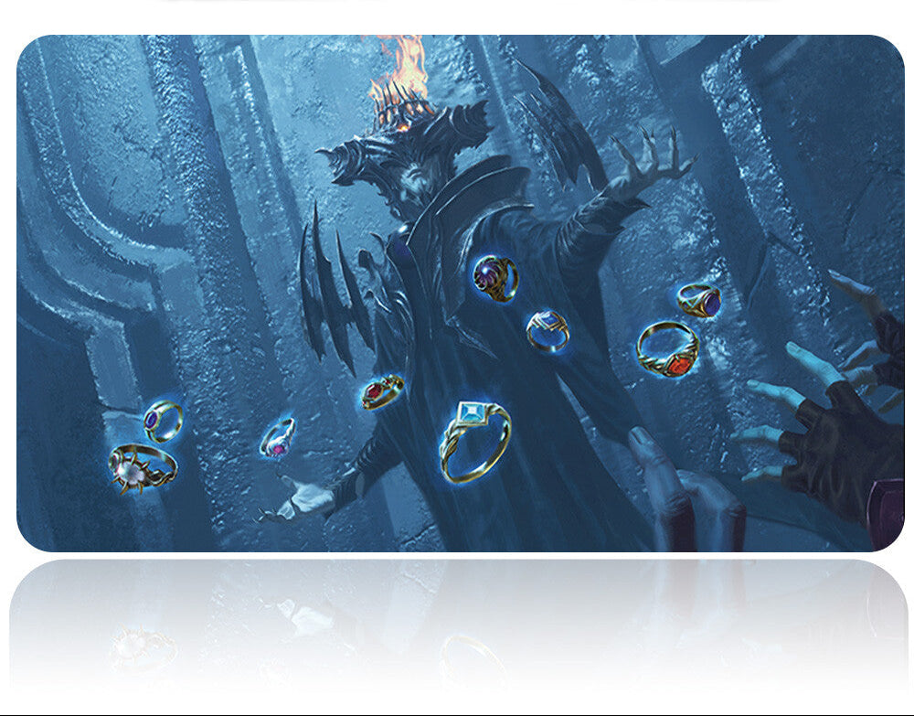 Laptop with a fantasy-themed design featuring rings and a character in a dark, icy environment.