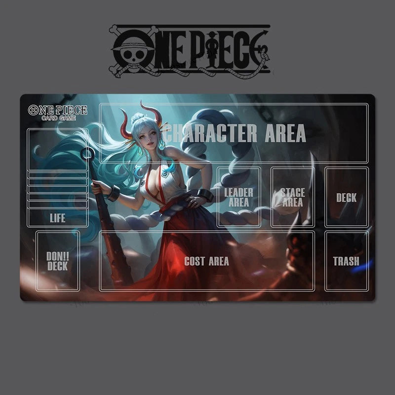 One Piece-themed game mat with character illustration and game area labels on a dark background.