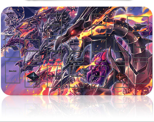 Card game mat with dragon design and card holders, accompanied by a card holder tool.