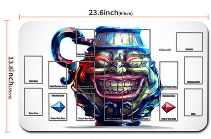 Colorful mug with measurements and product details on a white background