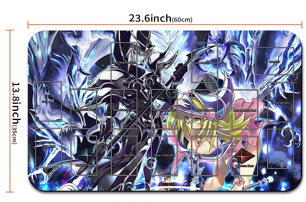 Card game mat with character design and measurements