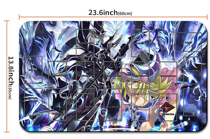 Card game mat with character design and measurements