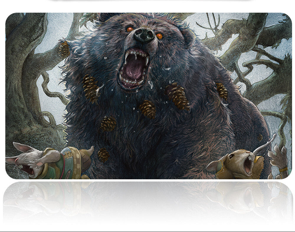 Illustration of a bear with angry expression and small creatures, with a pen on a white background