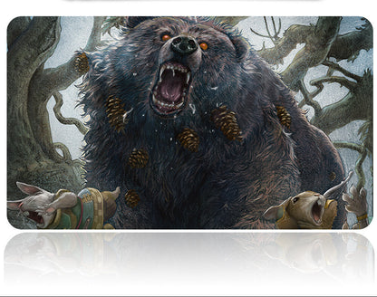 Illustration of a bear with angry expression and small creatures, with a pen on a white background