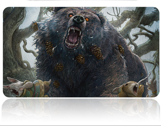 Illustration of a bear with angry expression and small creatures, with a pen on a white background