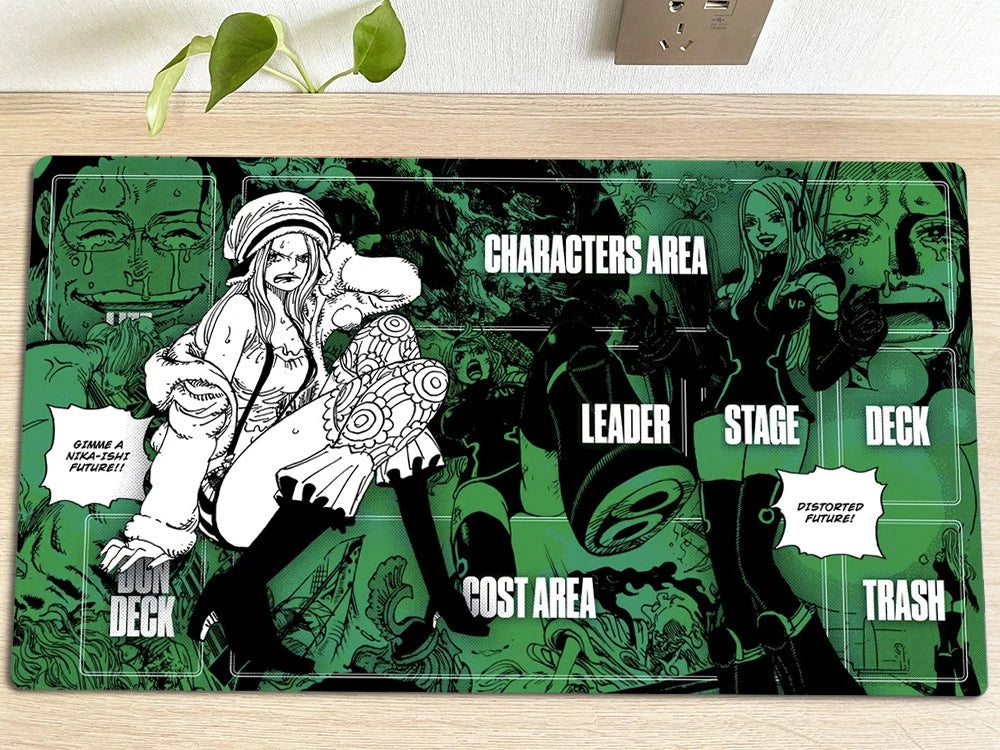 Game mat with character illustrations and labeled areas on a wooden surface.
