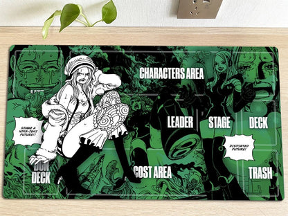 Game mat with character illustrations and labeled areas on a wooden surface.