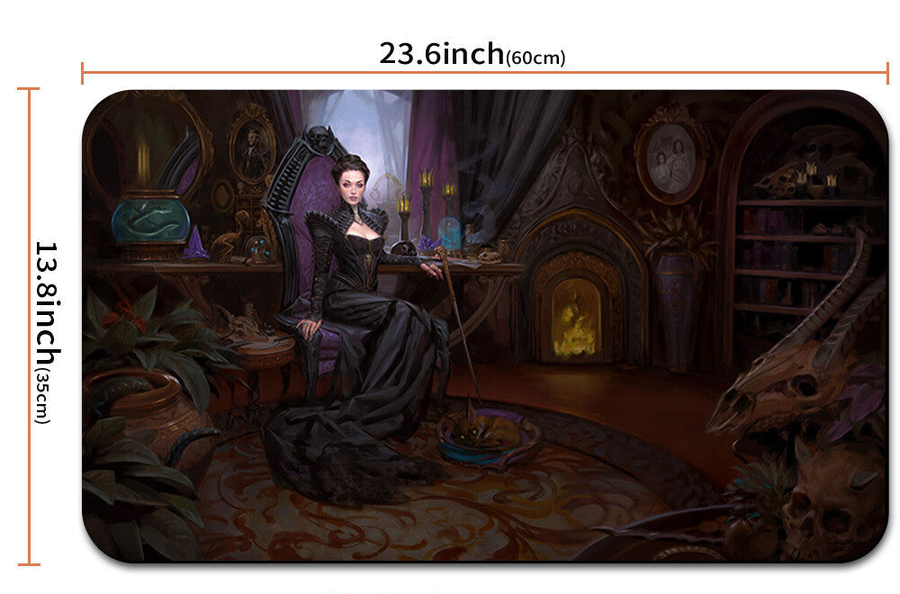 Product packaging with an illustration of a woman in a dark room and dimensions displayed.