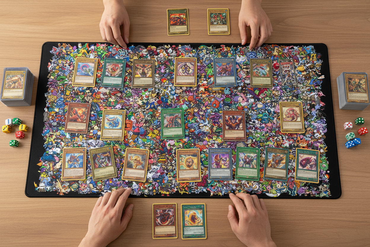 A top-down view of a card game setup on a wooden table, featuring a large printed playmat covered with many illustrated trading cards, with hands placing cards and dice around the board.