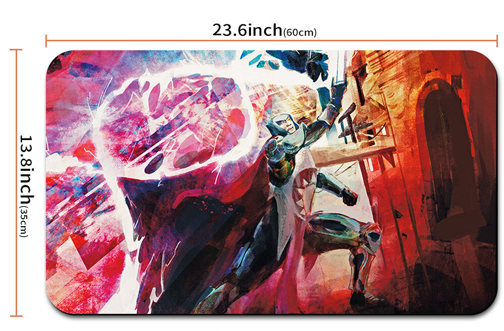 Mouse pad with artistic design and measurements, including a carrying bag.