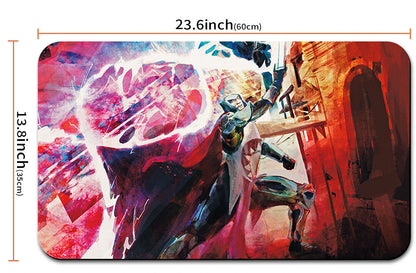 Mouse pad with artistic design and measurements, including a carrying bag.