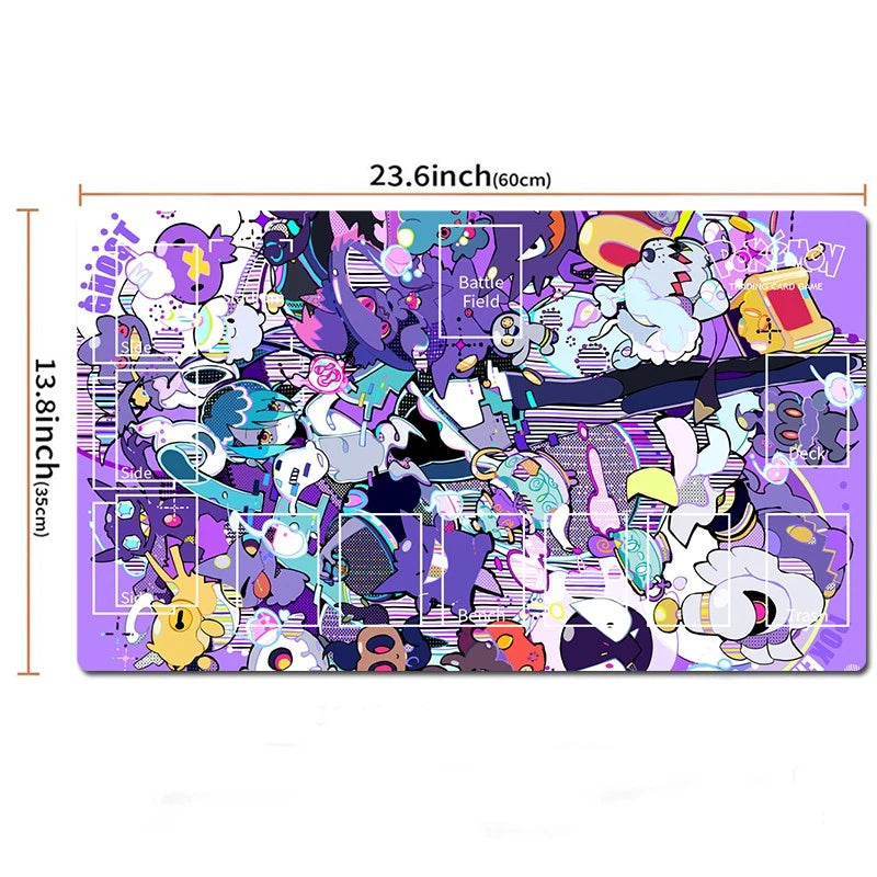 A rectangular mat or desk pad with a dense multicolor graffiti-style cartoon illustration, shown on a white background with dimension lines indicating 23.6 inches by 13.