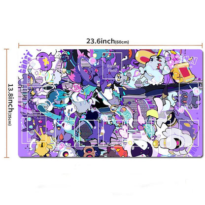 A rectangular mat or desk pad with a dense multicolor graffiti-style cartoon illustration, shown on a white background with dimension lines indicating 23.6 inches by 13.