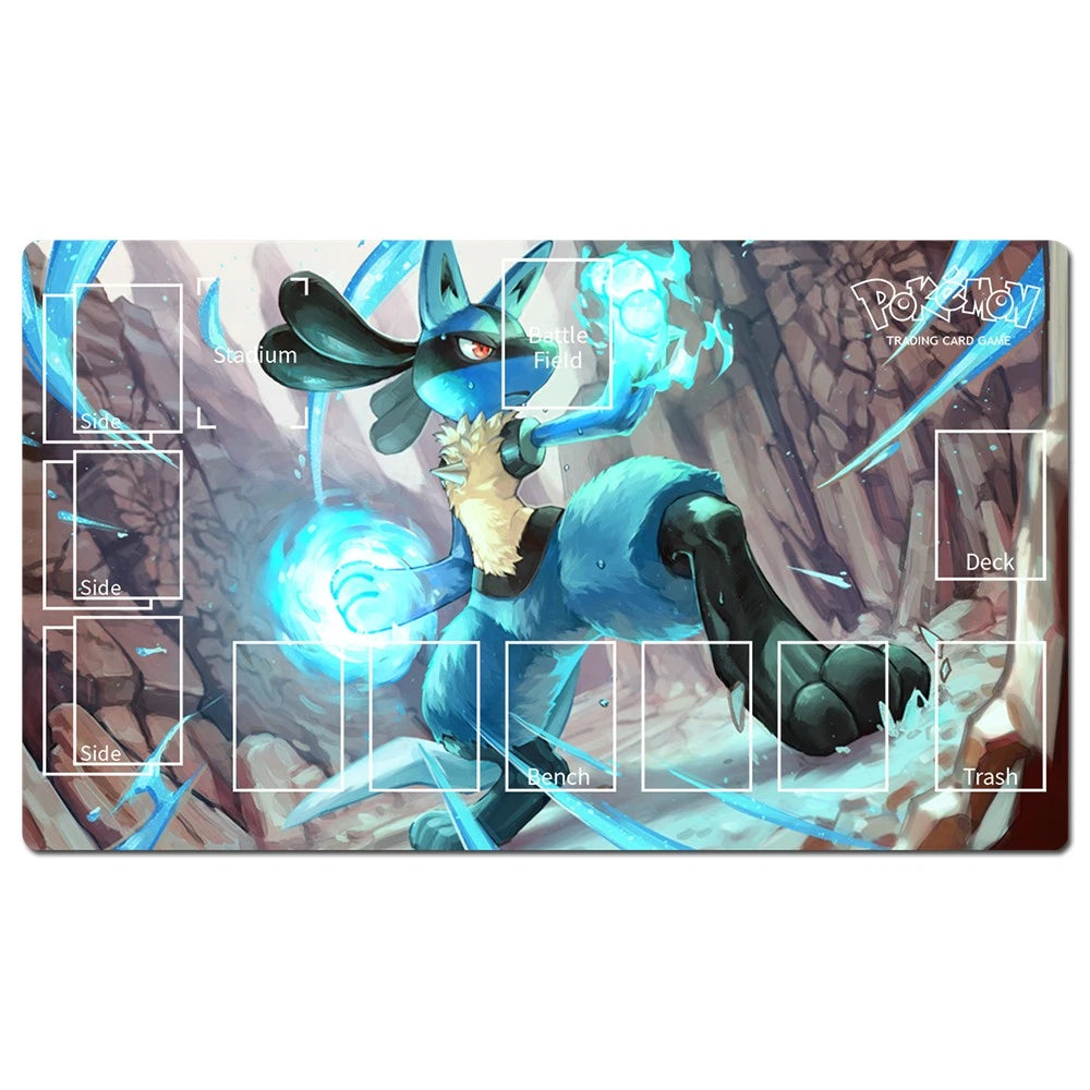 A rectangular Pokémon trading card playmat featuring Lucario in a blue energy pose over a rocky cave scene. The mat includes labeled card zones such as Stadium, Battle Field, Deck, Side, Bench, Trash, and a Pokémon logo in the top right.