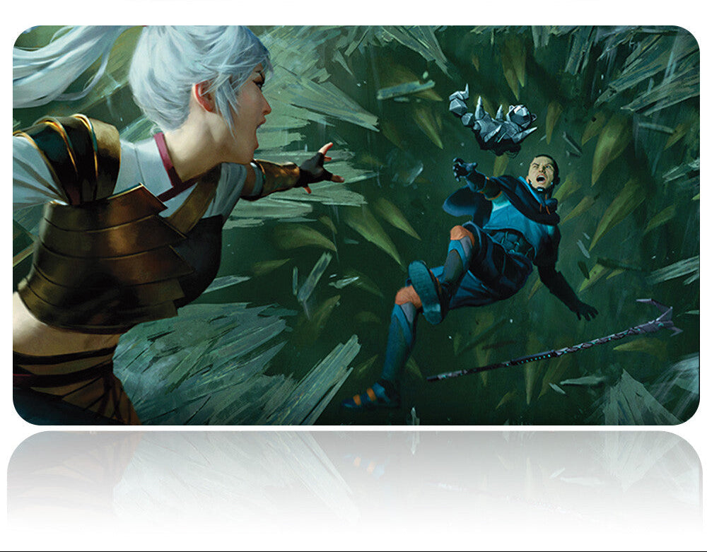Futuristic weapon with a character in armor and another character in a blue suit against a green background