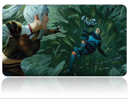 Futuristic weapon with a character in armor and another character in a blue suit against a green background