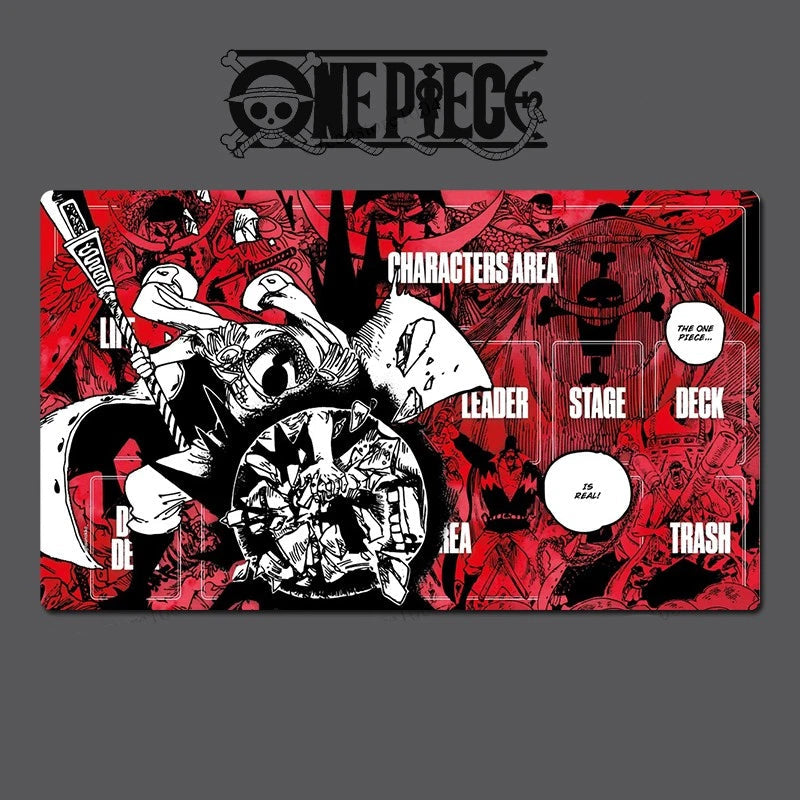 Card game mat with 'One Piece' branding and character illustrations on a red and black background.