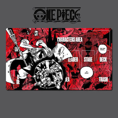 Card game mat with 'One Piece' branding and character illustrations on a red and black background.