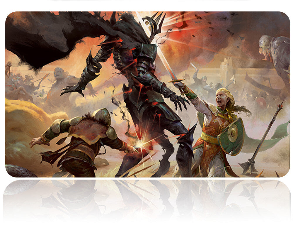 Futuristic weapon on a fantasy-themed mouse pad with warrior illustration