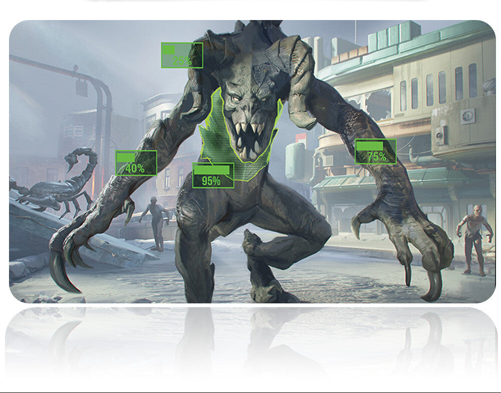 Futuristic weapon with a creature in a sci-fi cityscape
