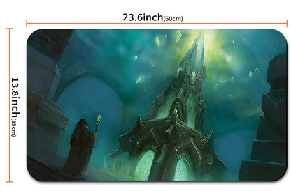 Gaming mouse pad with fantasy design and dimensions displayed