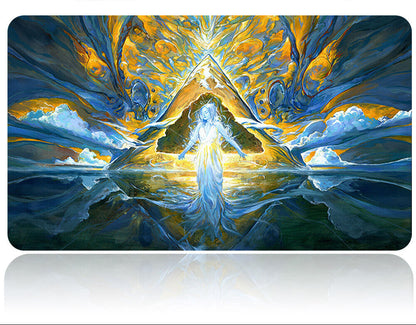Futuristic weapon with a colorful, abstract design on a reflective surface